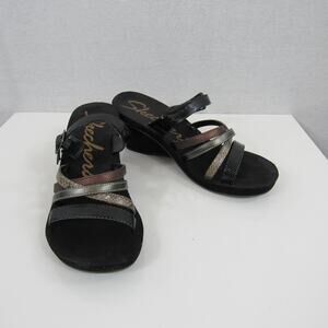 Skechers Size 9 Rumblers Strappy Wedge Sandals Black Mixed Metallic Strap Buckle
